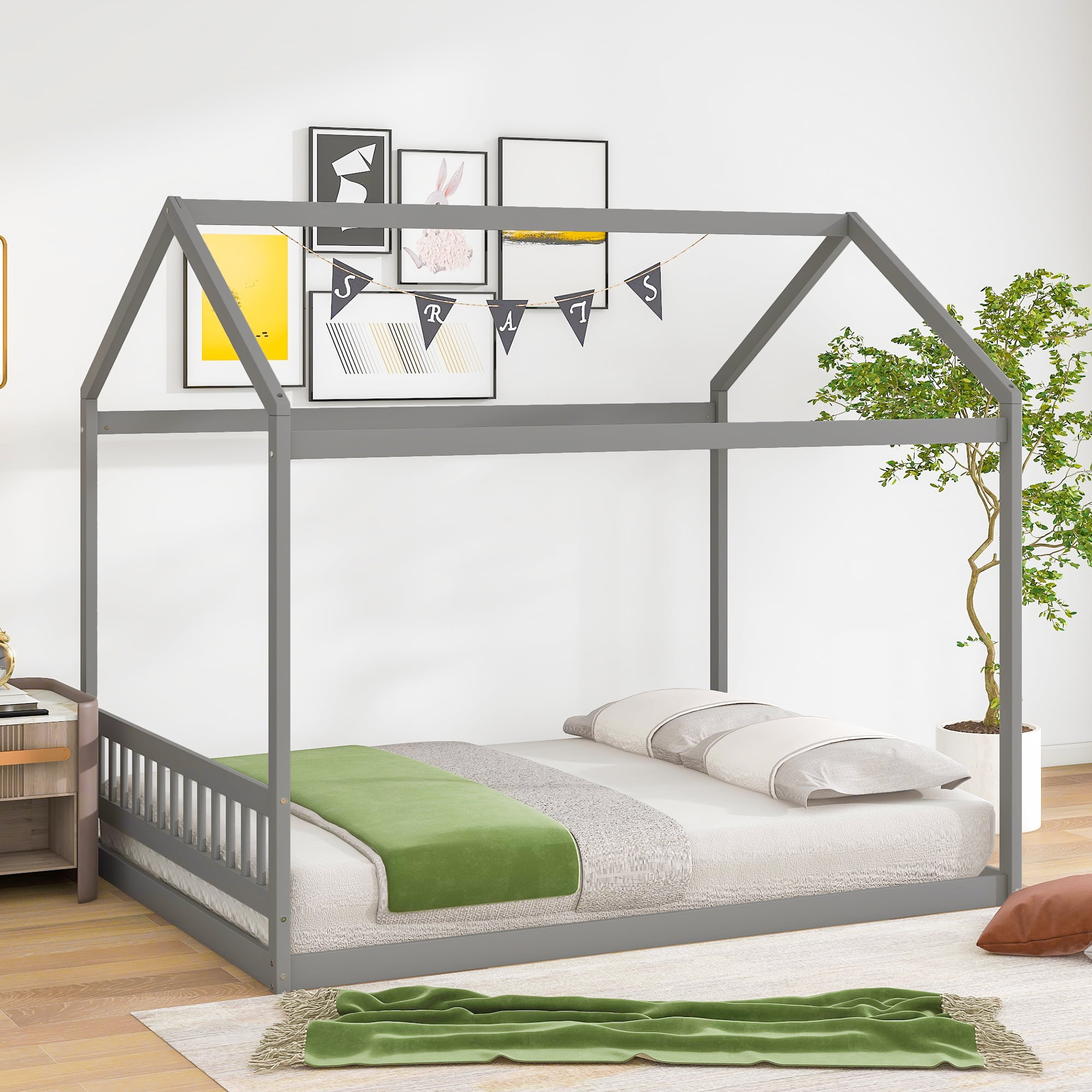 Euroco Wood Queen Size House Shaped Canopy Bed for Adults Living Room, Gray