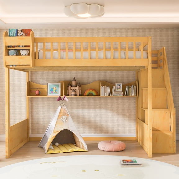 Euroco Wood Queen Size Loft Bed with Staircase and Wardrobe, Storage Bed with Cabinets and Shelves, Natural