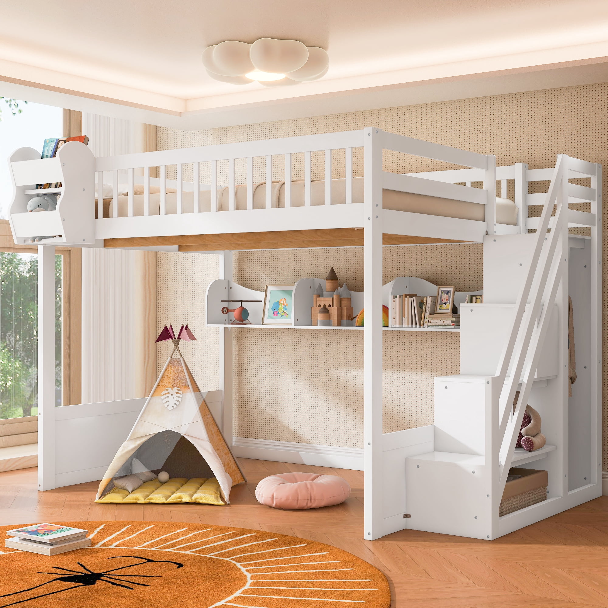 Euroco Wood Queen Size Loft Bed with Staircase and Wardrobe, Storage Bed with Cabinets and Shelves, White