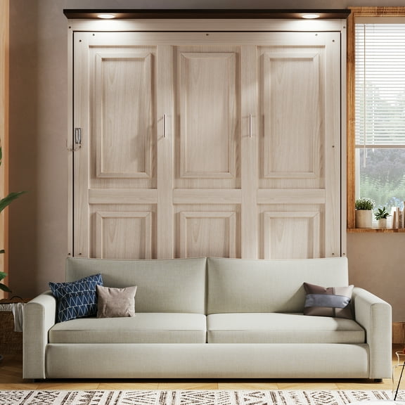 Euroco Wood Queen Size Murphy Bed, Convertible Wall Bed with Sofa and LED Light, Beige
