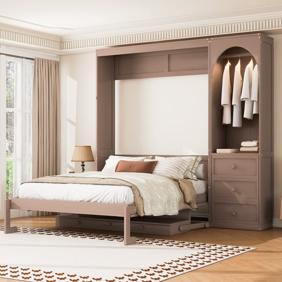 Euroco Wood Queen Size Murphy Bed with Storage Shelves, Convertible Wall Bed with Drawers and Open Wardrobe, Convertible Bed with Dresser and LED Light, No Box Spring Needed, Brown
