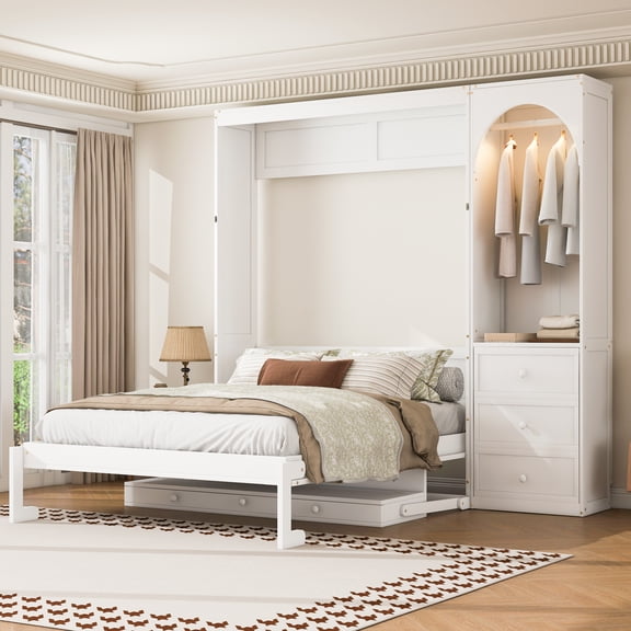 Euroco Wood Queen Size Murphy Bed with Storage Shelves, Convertible Wall Bed with Drawers and Open Wardrobe, Convertible Bed with Dresser and LED Light, No Box Spring Needed, White