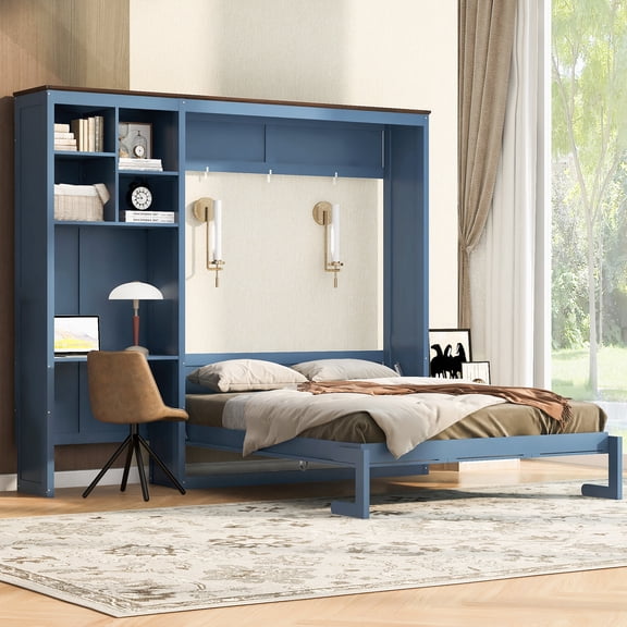 Euroco Wood Queen Size Murphy Bed with Desk and Storage Shelves, Convertible Wall Bed, No Box Spring Needed, Blue