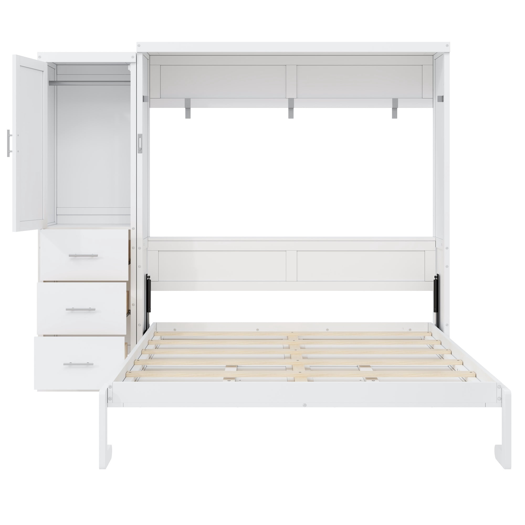 Euroco Wood Queen Size Murphy Bed with Drawer, Convertible Bed into Cabinet with USB Charging Station, White