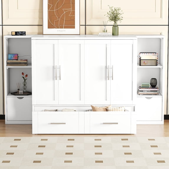 Euroco Wood Queen Size Murphy Bed with Shelves and USB Ports, Convertible Cabinet Wall Bed, White