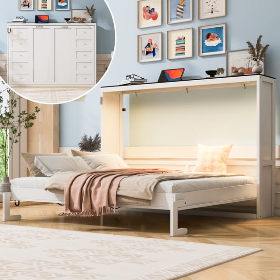 Euroco Wood Queen Size Murphy Bed with LED Light, Convertible Wall Bed with Cabinet, White