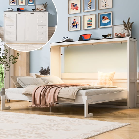 Euroco Wood Queen Size Murphy Bed with LED Light, Convertible Wall Bed with Cabinet, White