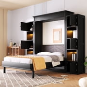 Euroco Wood Queen Size Murphy Bed with Shelves, Convertible Wall Bed with LED Light, Black