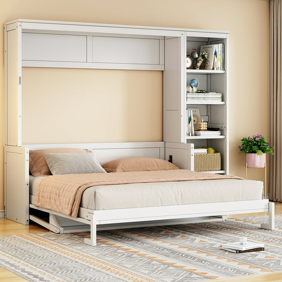 Euroco Wood Queen Size Murphy Bed with Shelves and Cabinets, Convertible Wall Bed with Bookcase, White
