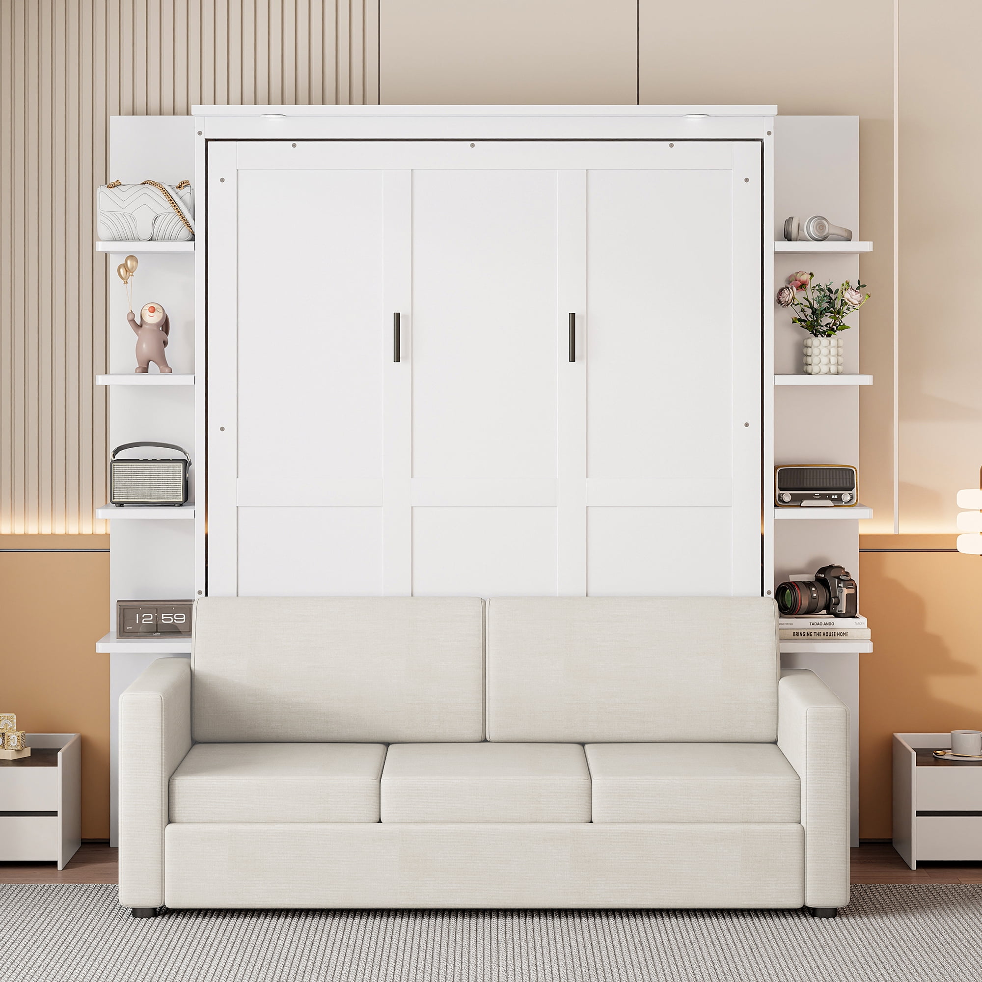 Euroco Wood Queen Size Murphy Bed with Sofa, Convertible Wall Bed wiht ...