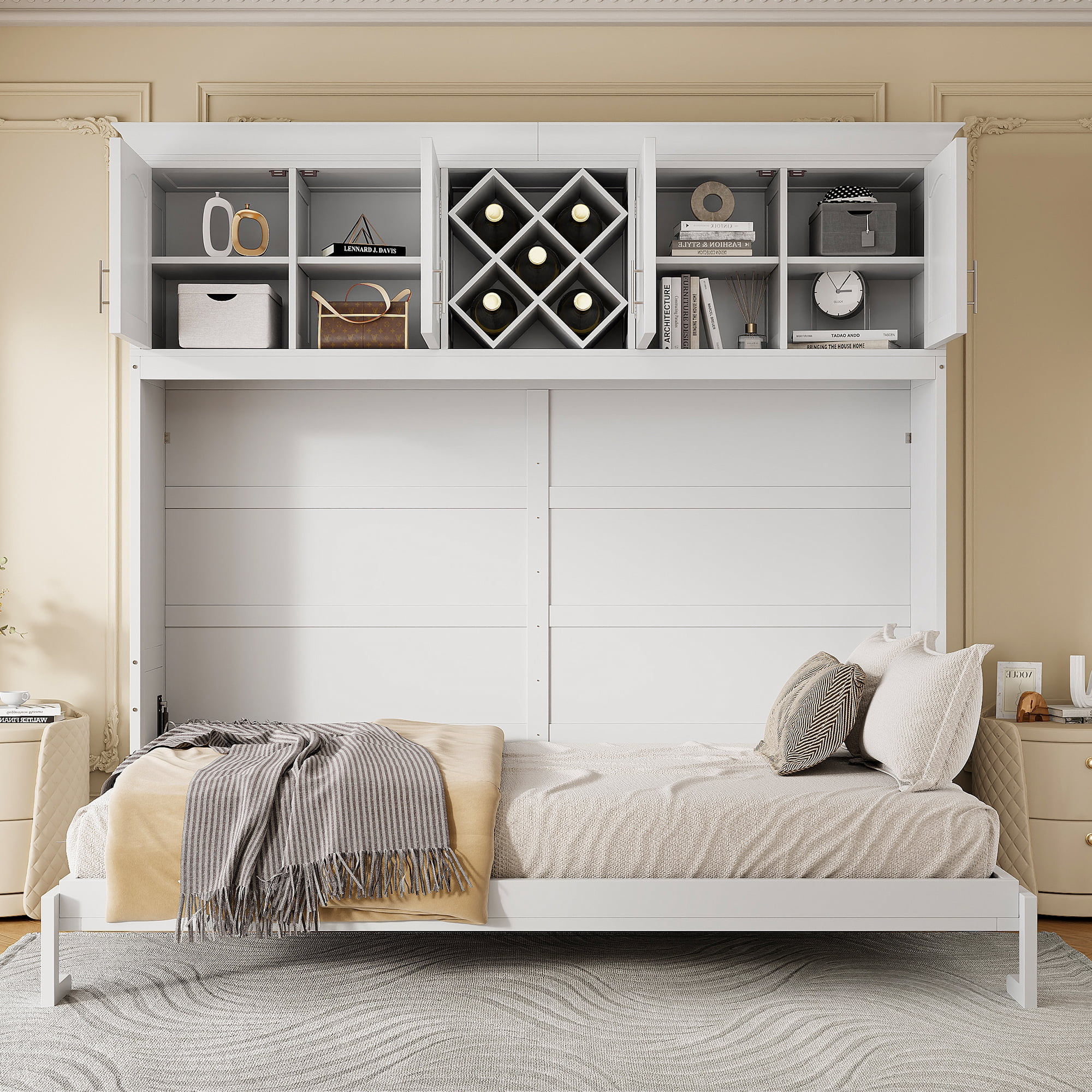 Euroco Wood Queen Size Murphy Bed, Convertible Wall Bed with Cabinets ...