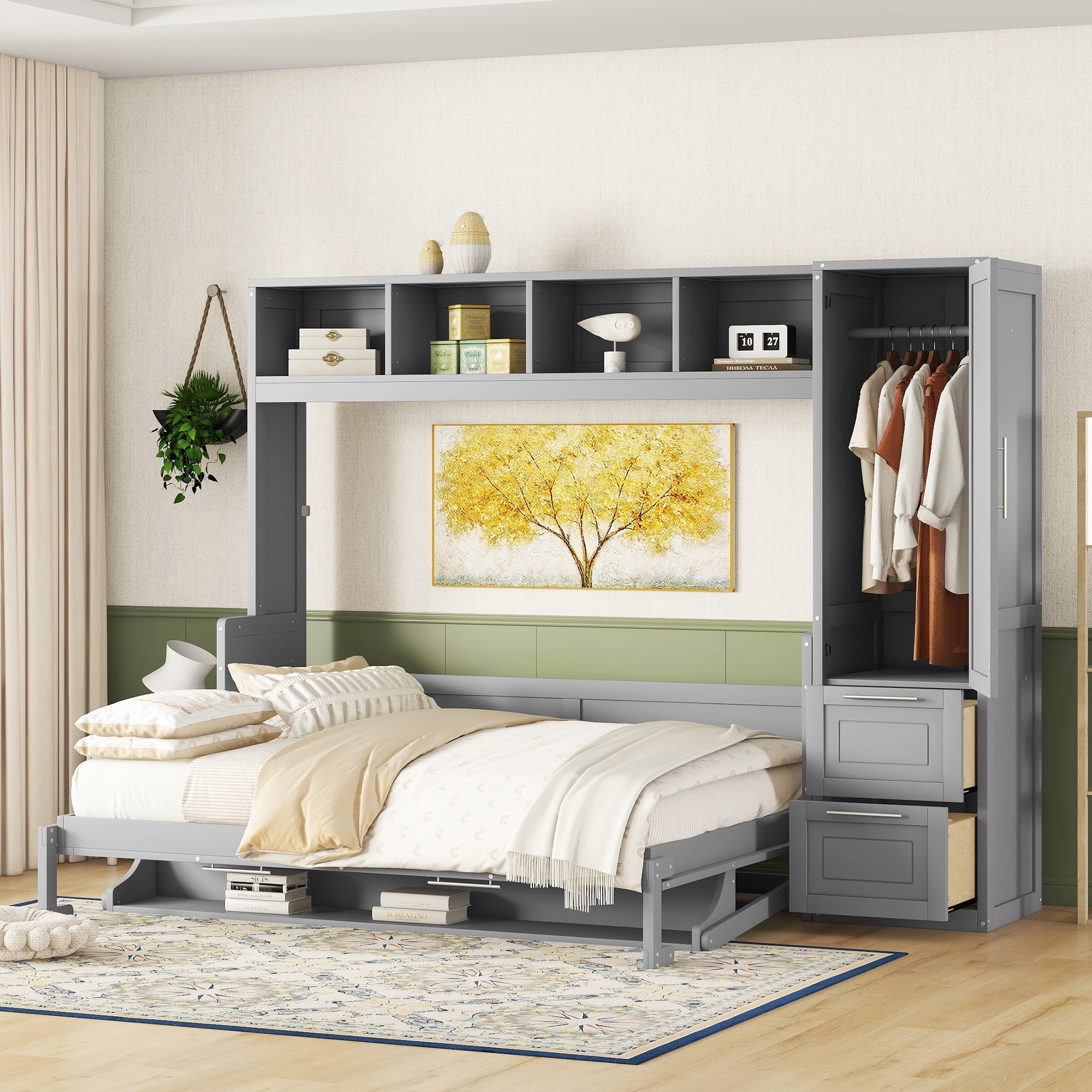 Euroco Wood Queen Size Murphy Bed with Wardrobe, Convertible Wall Bed wiht Cabinets and Shelves, Gray