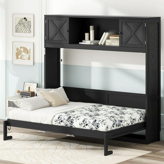 Euroco Wood Queen Size Murphy Bed with Storage Cabinets, Black
