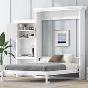 Euroco Wood Queen Size Murphy Bed with Storage Cabinets and Shelves, Wall Bed with Desk, White