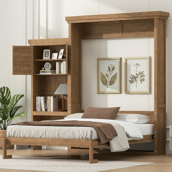 Euroco Wood Queen Size Murphy Bed with Storage Cabinets and Shelves, Wall Bed with Desk, Wood Color