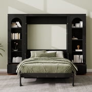 Euroco Wood Queen Size Murphy Bed with Storage Shelves, Cabinets and Drawers, Wall Bed with LED Light and Desktop, Black
