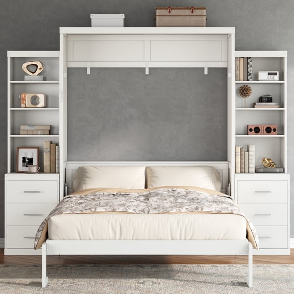 Euroco Wood Queen Size Murphy Bed with Storage Shelves, Convertible Wall Bed with Drawers, White