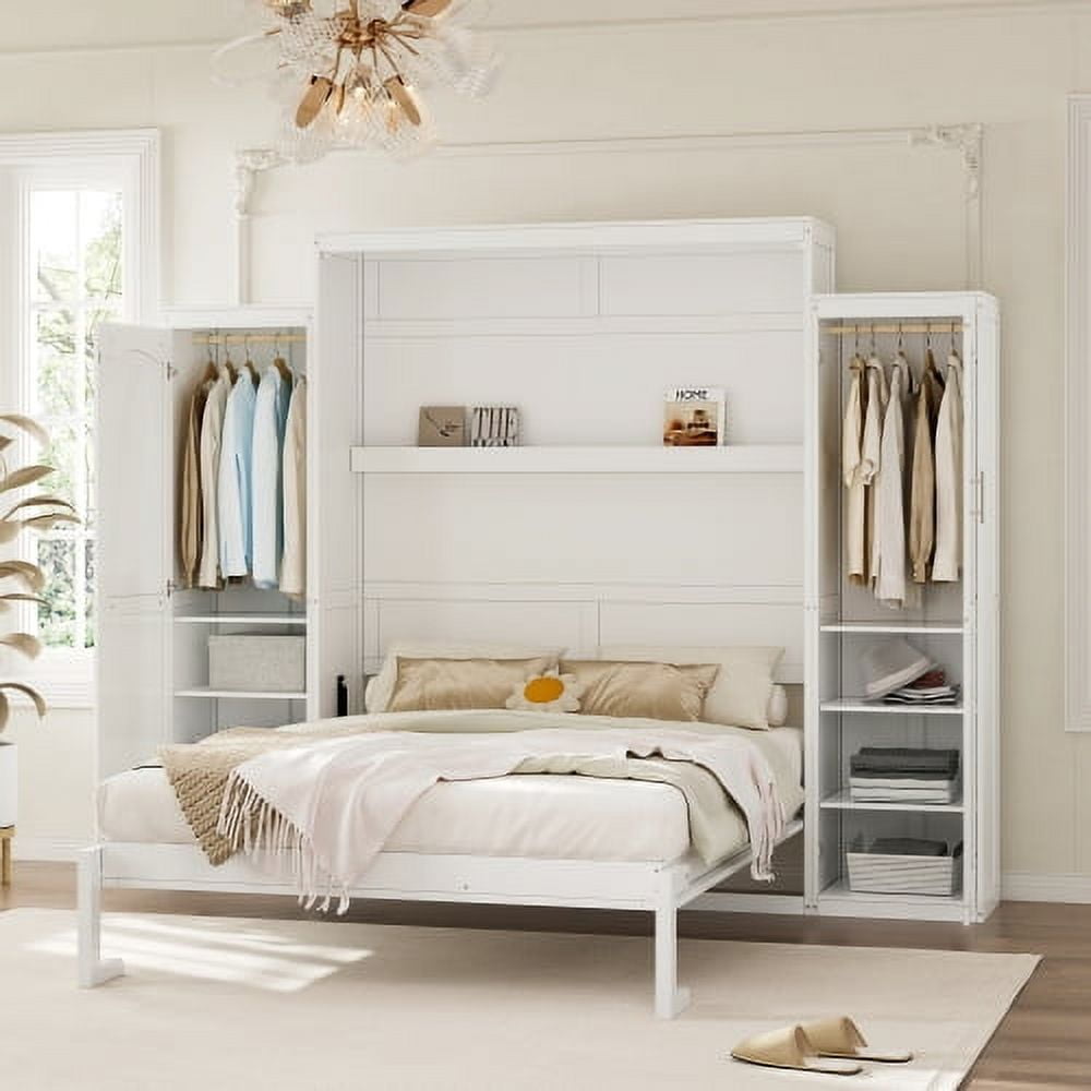 Euroco Wood Queen Size Murphy Bed with Storage Shelves, Wall Bed with Wardrobe for Bedroom