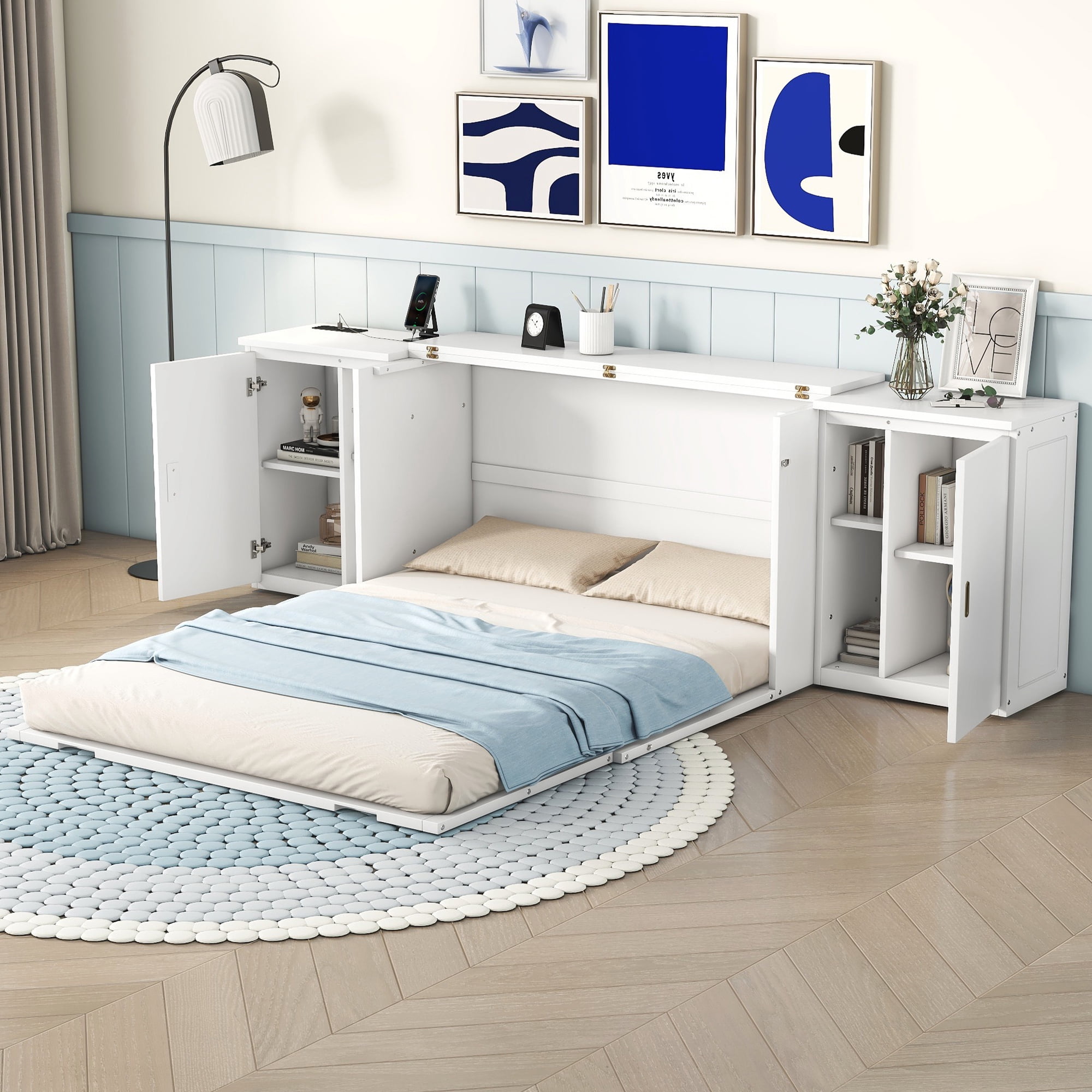 Euroco Wood Queen Size Murphy Bed with USB Charging Station, Convertible Floor Bed with Shelves for Kids Adult, White