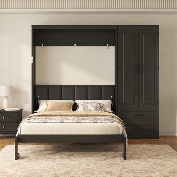 Euroco Wood Queen Size Murphy Bed with Wardrobe and Drawers, Convertible Wall Bed with Upholstery Headboard, No Box Spring Needed, Black