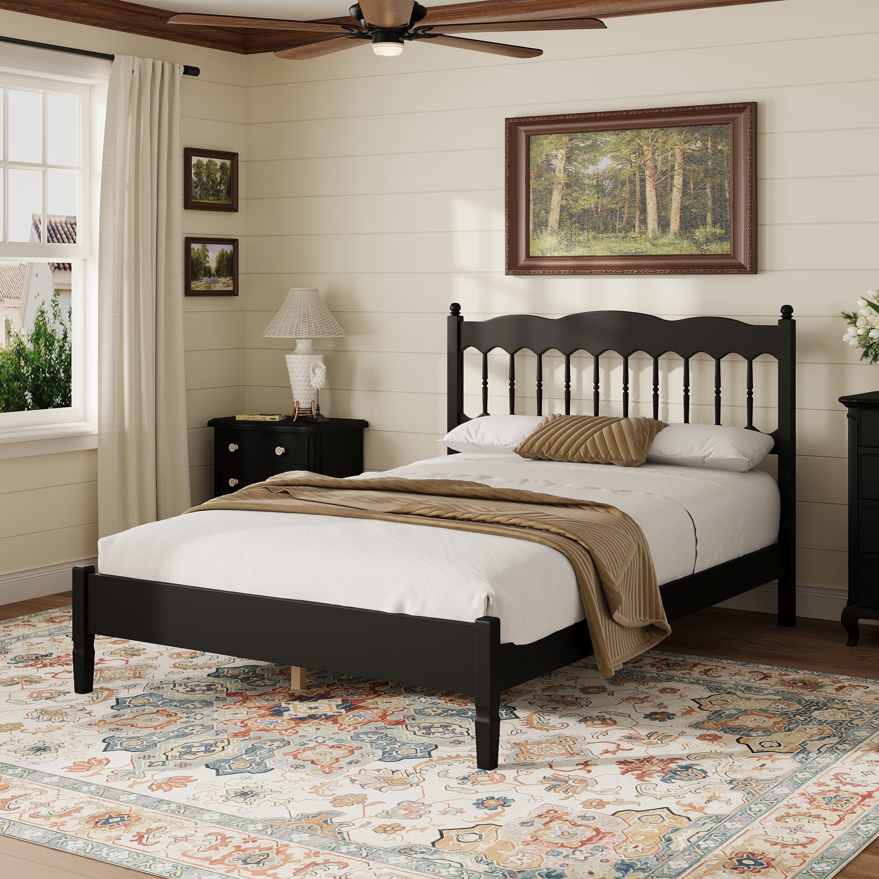 Euroco Wood Queen Size Platform Bed, Countryside Style Bed Frame with Spindle Headboard, No Box Spring Needed, Black