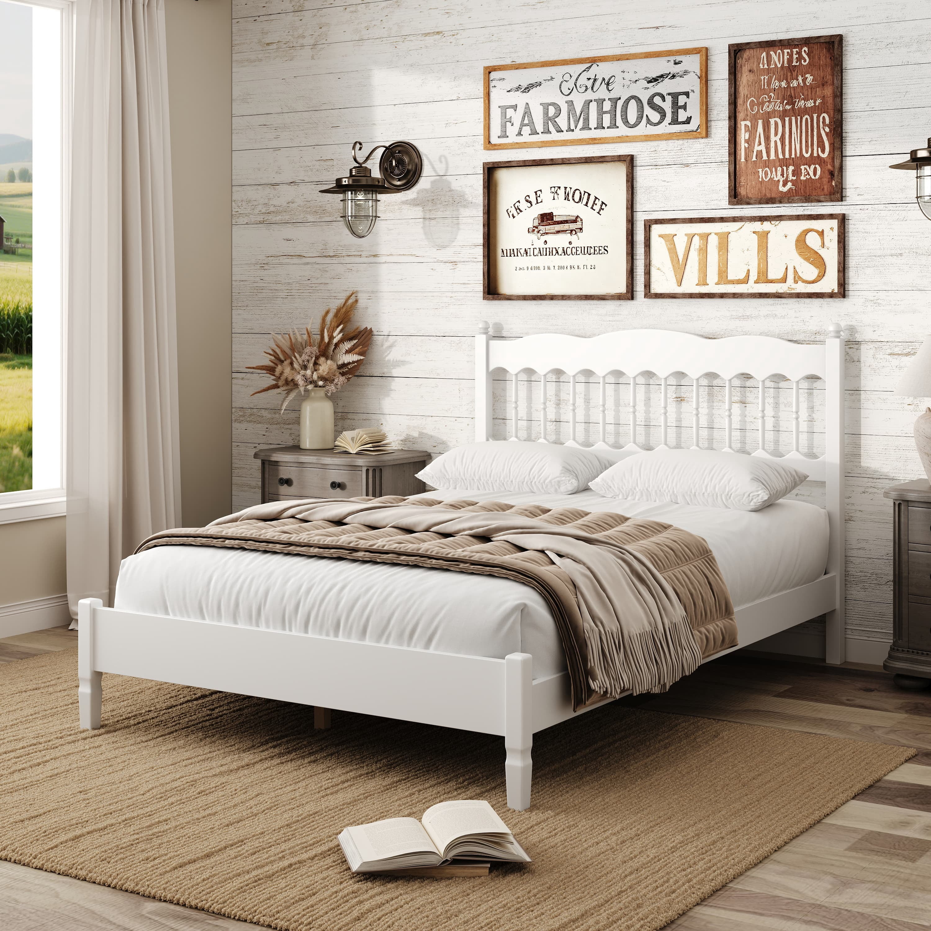 Euroco Wood Queen Size Platform Bed, Countryside Style Bed Frame with Spindle Headboard, No Box Spring Needed, White
