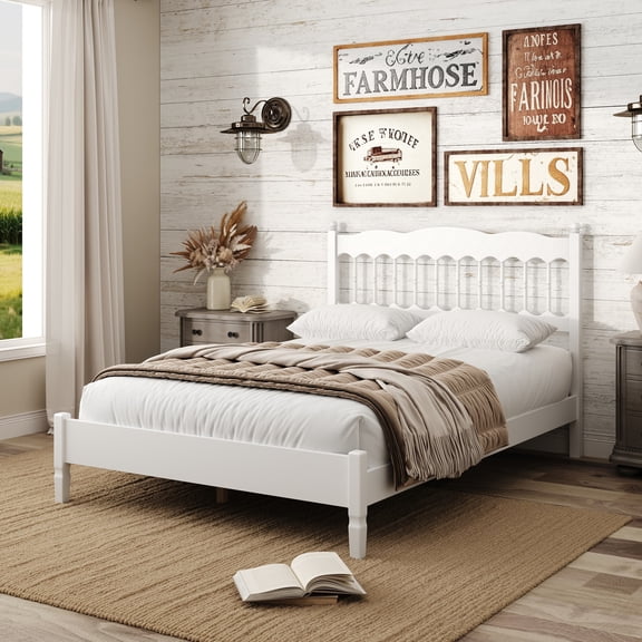 Euroco Wood Queen Size Platform Bed, Countryside Style Bed Frame with Spindle Headboard, No Box Spring Needed, White