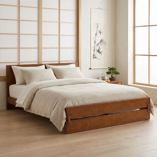 Euroco Wood Queen Size Platform Bed, Heavy-Duty Bamboo Bed Frame, Walnut Brown