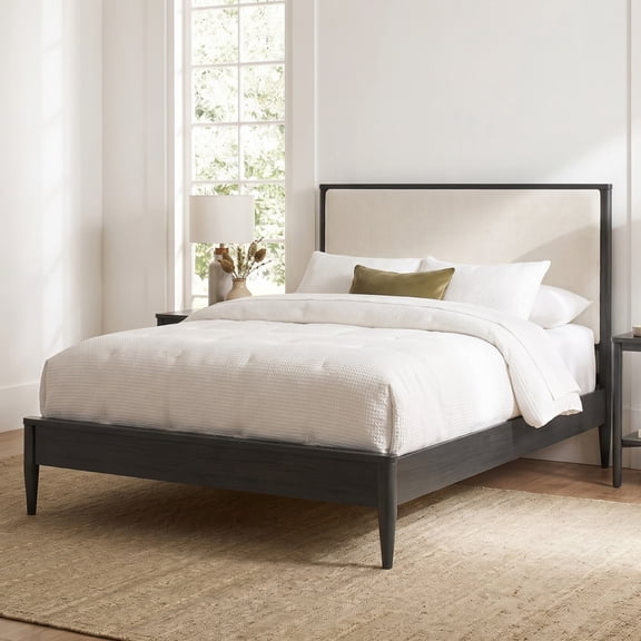 Euroco Wood Queen Size Platform Bed, Mid-Century Modern Style Platform Bed with Boucle Upholstered Headboard, Black
