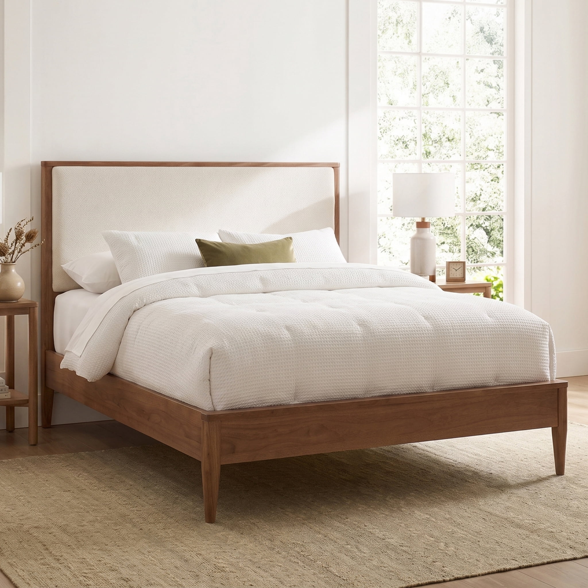 Euroco Wood Queen Size Platform Bed, Mid-Century Modern Style Platform Bed with Boucle Upholstered Headboard, Walnut