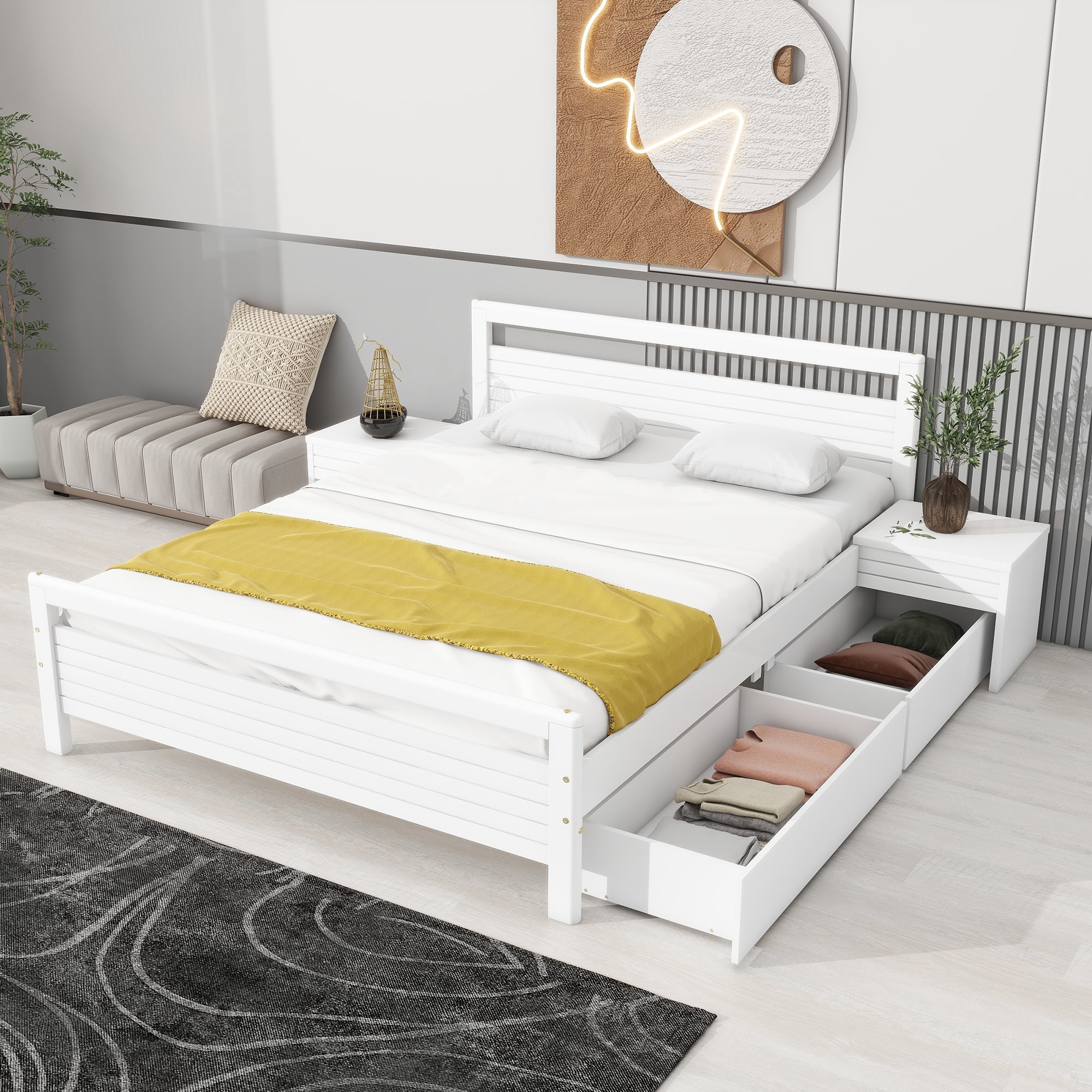 Euroco Wood Queen Size Platform Bed with 2 Bedside Tables and Drawers ...