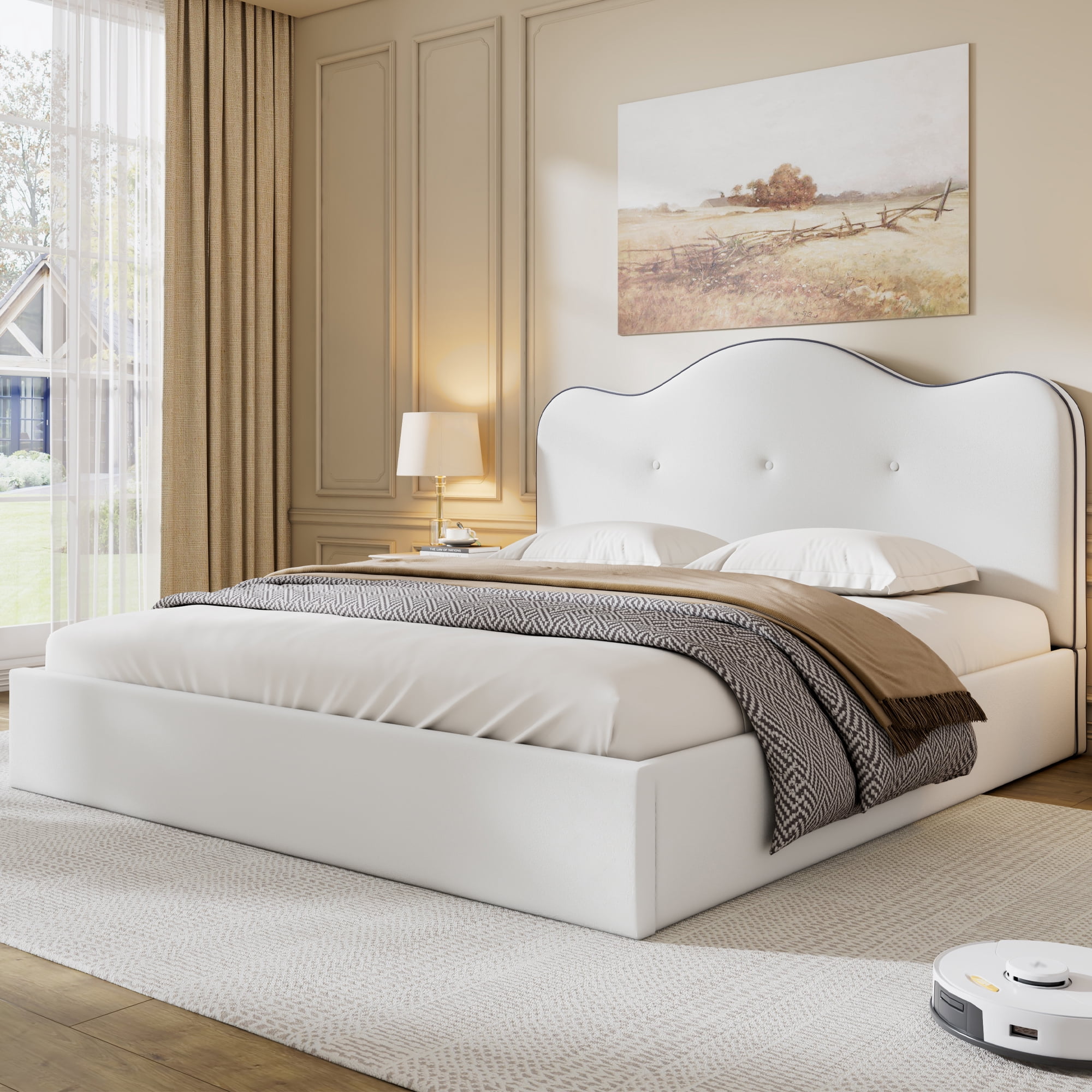Euroco Upholstery Queen Size Platform Bed, Beige