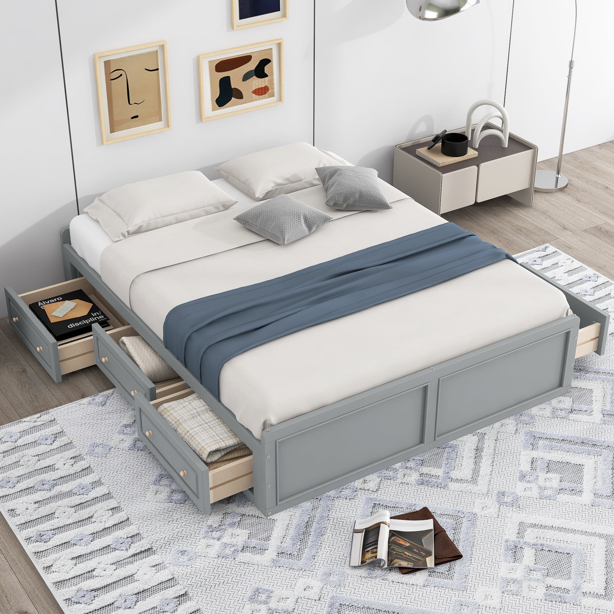 Euroco Wood Queen Size Platform Bed with 6 Drawers, Gray