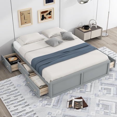 Euroco Wood Queen Size Platform Bed with 6 Drawers, Gray