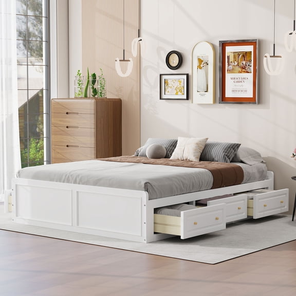 Euroco Wood Queen Size Platform Bed with 6 Drawers, White