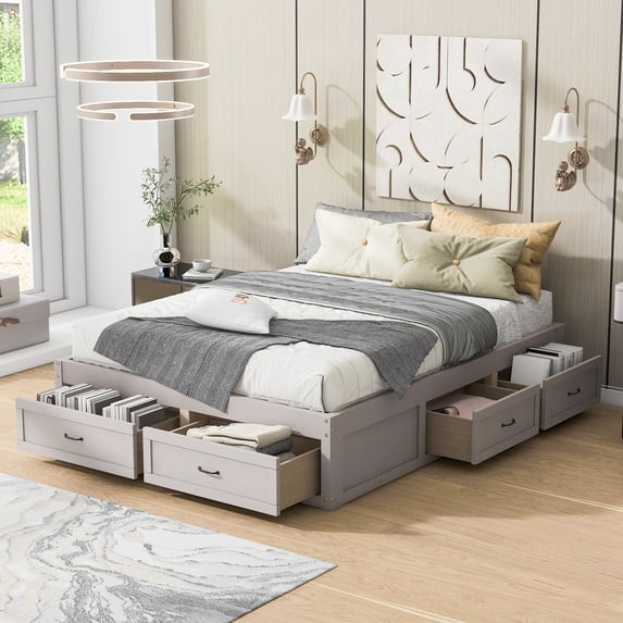 Euroco Wood Queen Size Platform Bed with 6 Drawers for Kids Teens Adults, Antique White