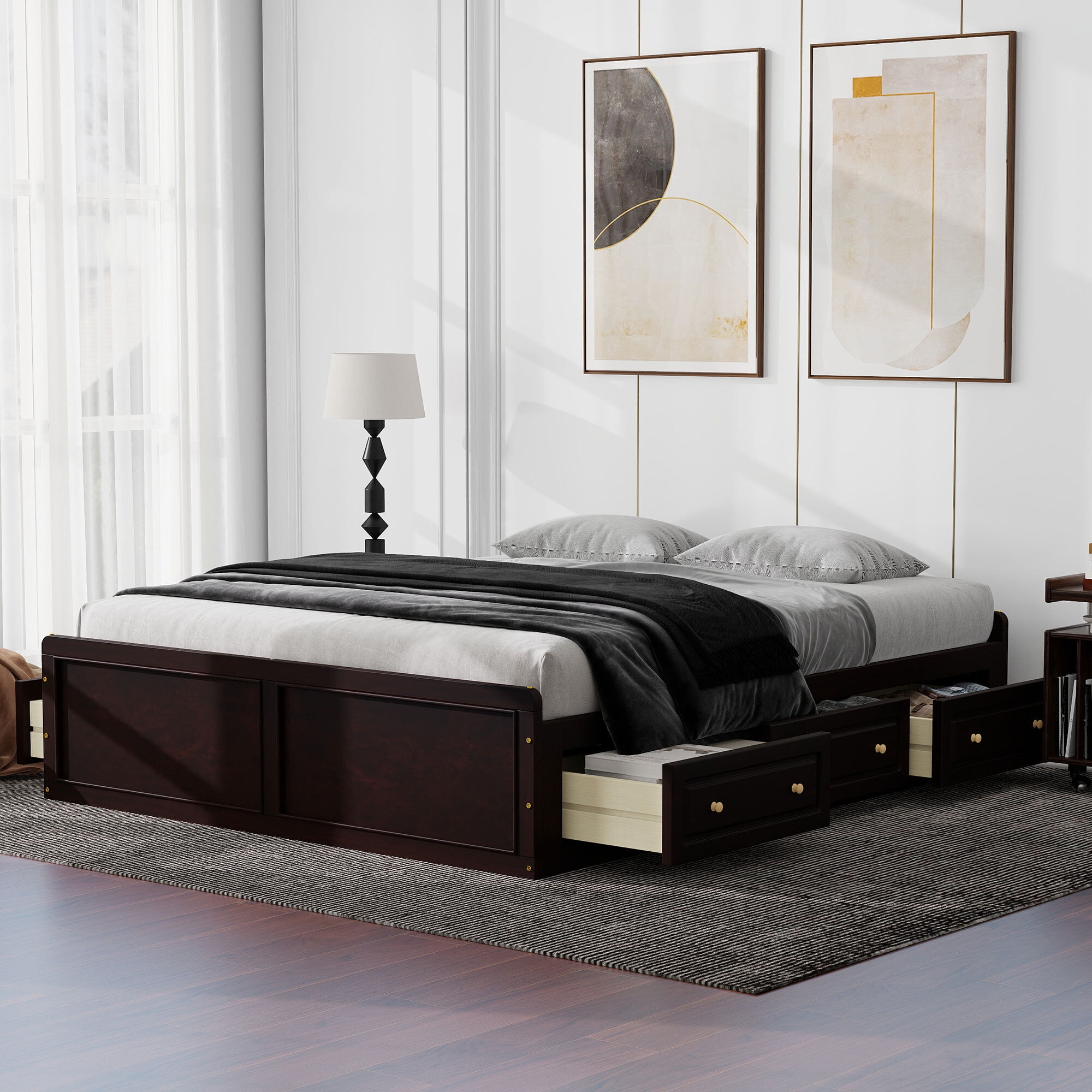 Euroco Wood Queen Size Platform Bed with 6 Drawers for Living Room, Espresso