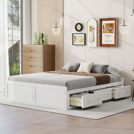 Euroco Wood Queen Size Platform Bed with 6 Drawers for Living Room, White