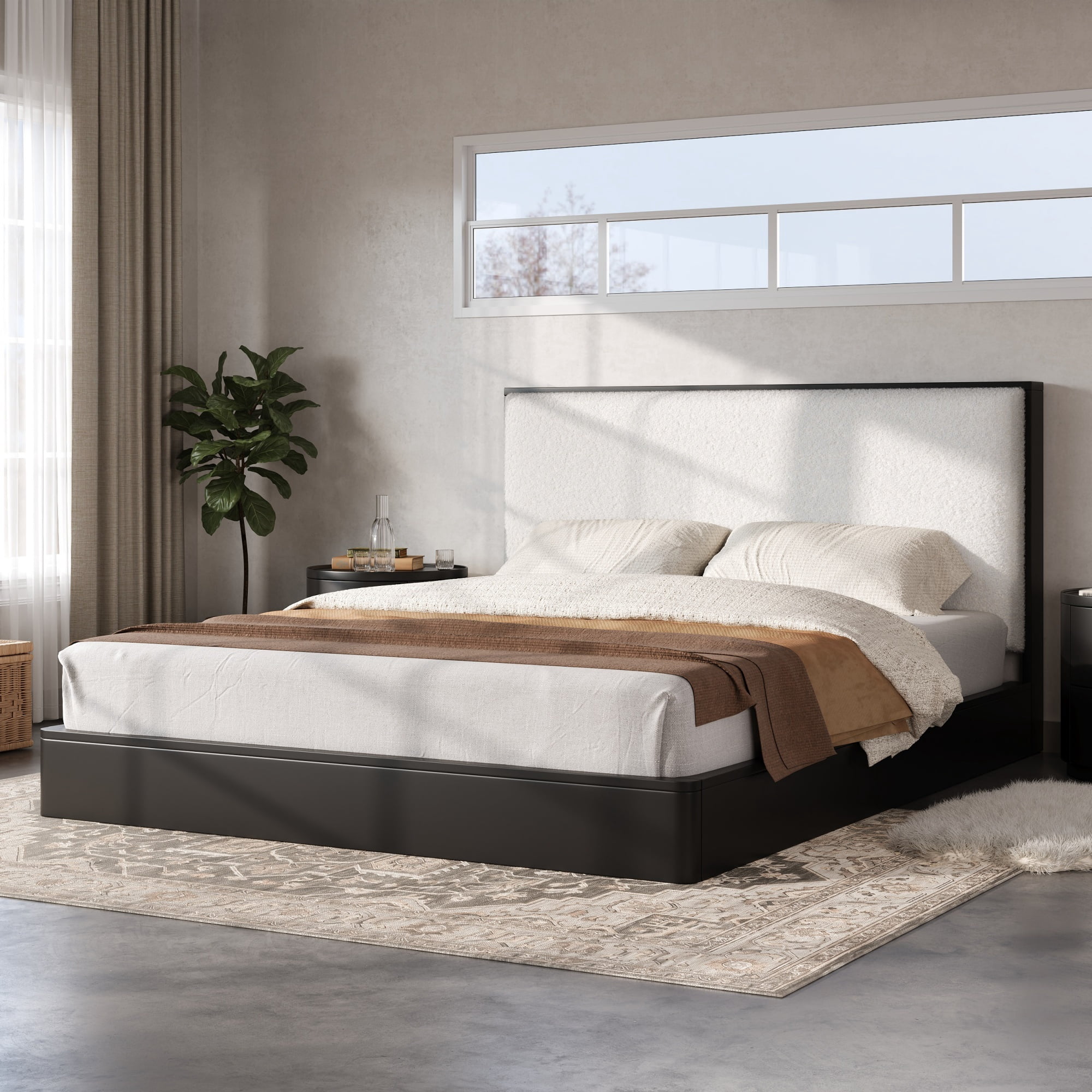 Euroco Wood Queen Size Platform Bed with Bouclé Upholstered Headboard, No Box Spring Needed, Black
