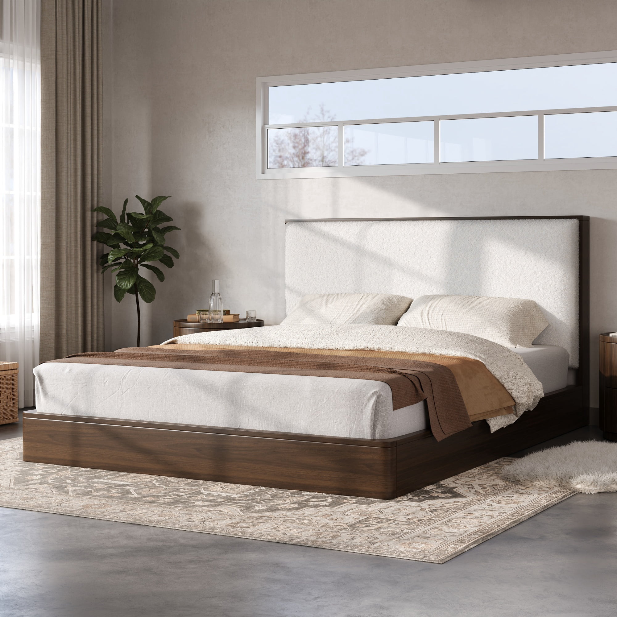Euroco Wood Queen Size Platform Bed with Bouclé Upholstered Headboard, No Box Spring Needed, Walnut