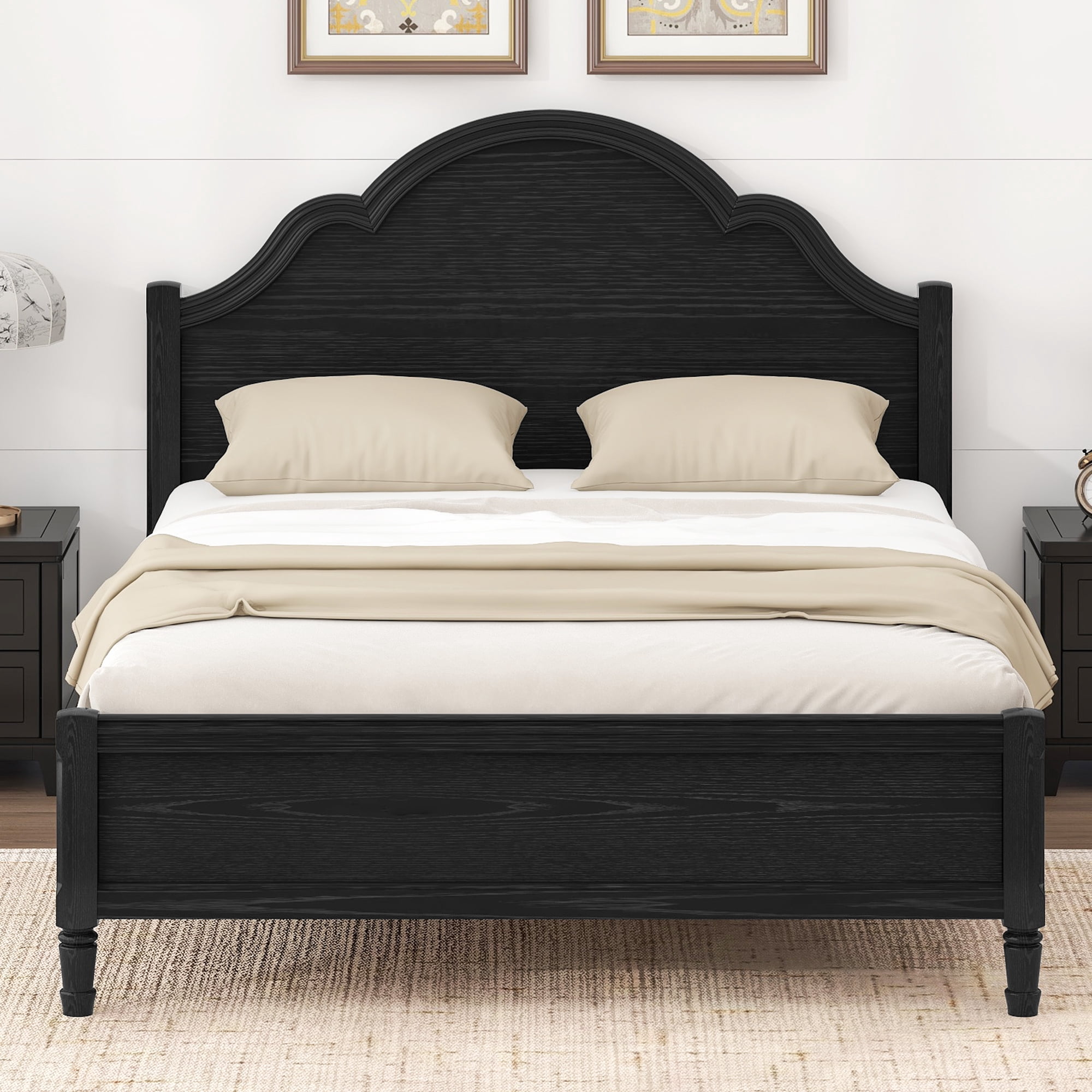 Euroco Wood Queen Size Platform Bed with Headboard, No Spring Box Needed, Black