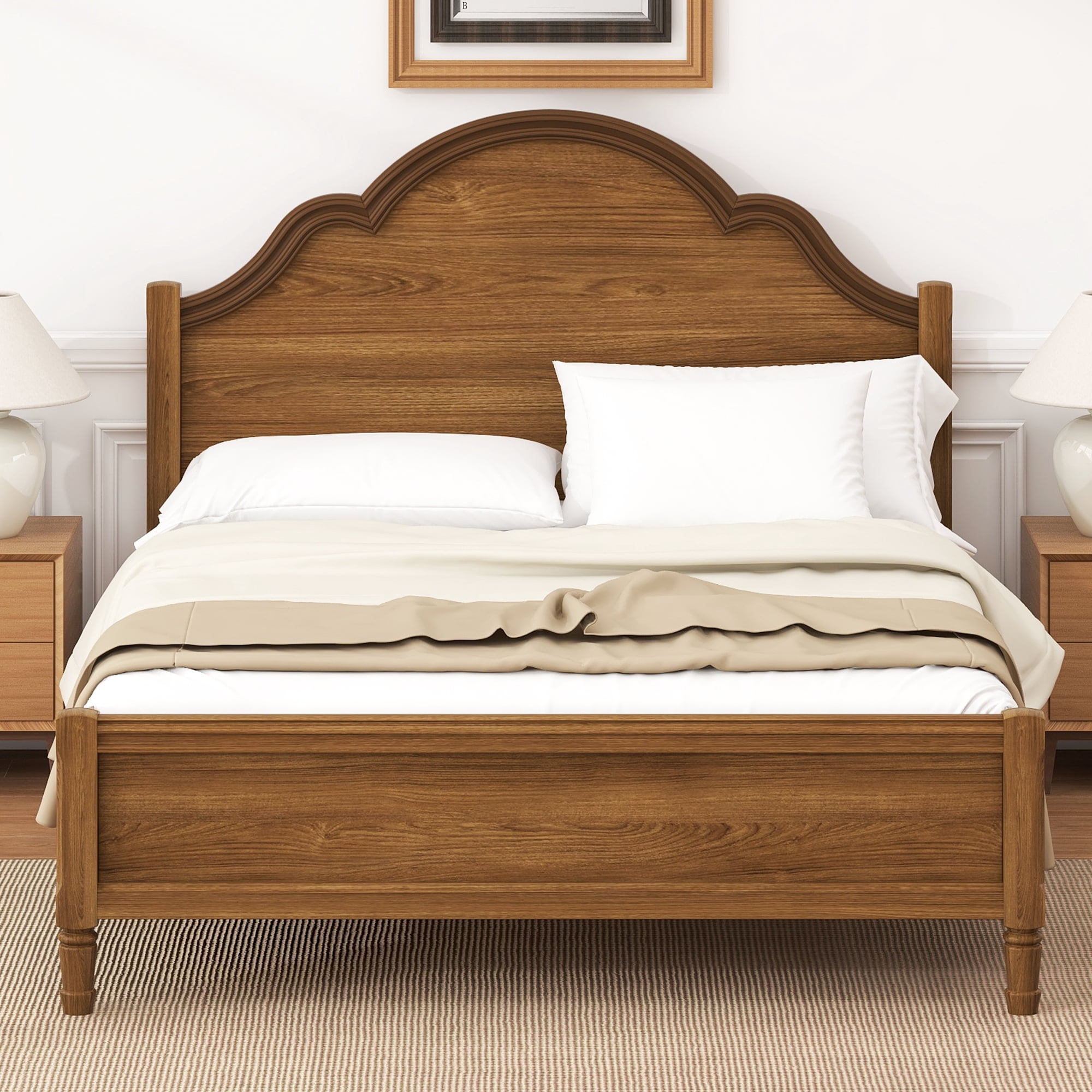 Euroco Wood Queen Size Platform Bed with Headboard, No Spring Box Needed, Walnut