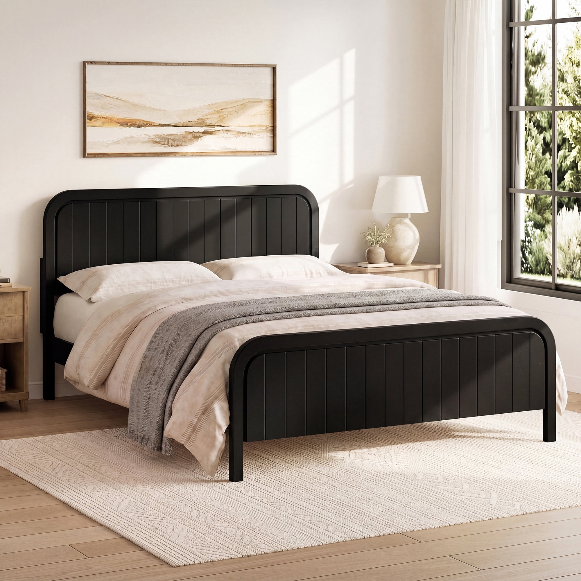 Euroco Wood Queen Size Platform Bed with Headboard, Noise-Free Design Bed Frame, Black
