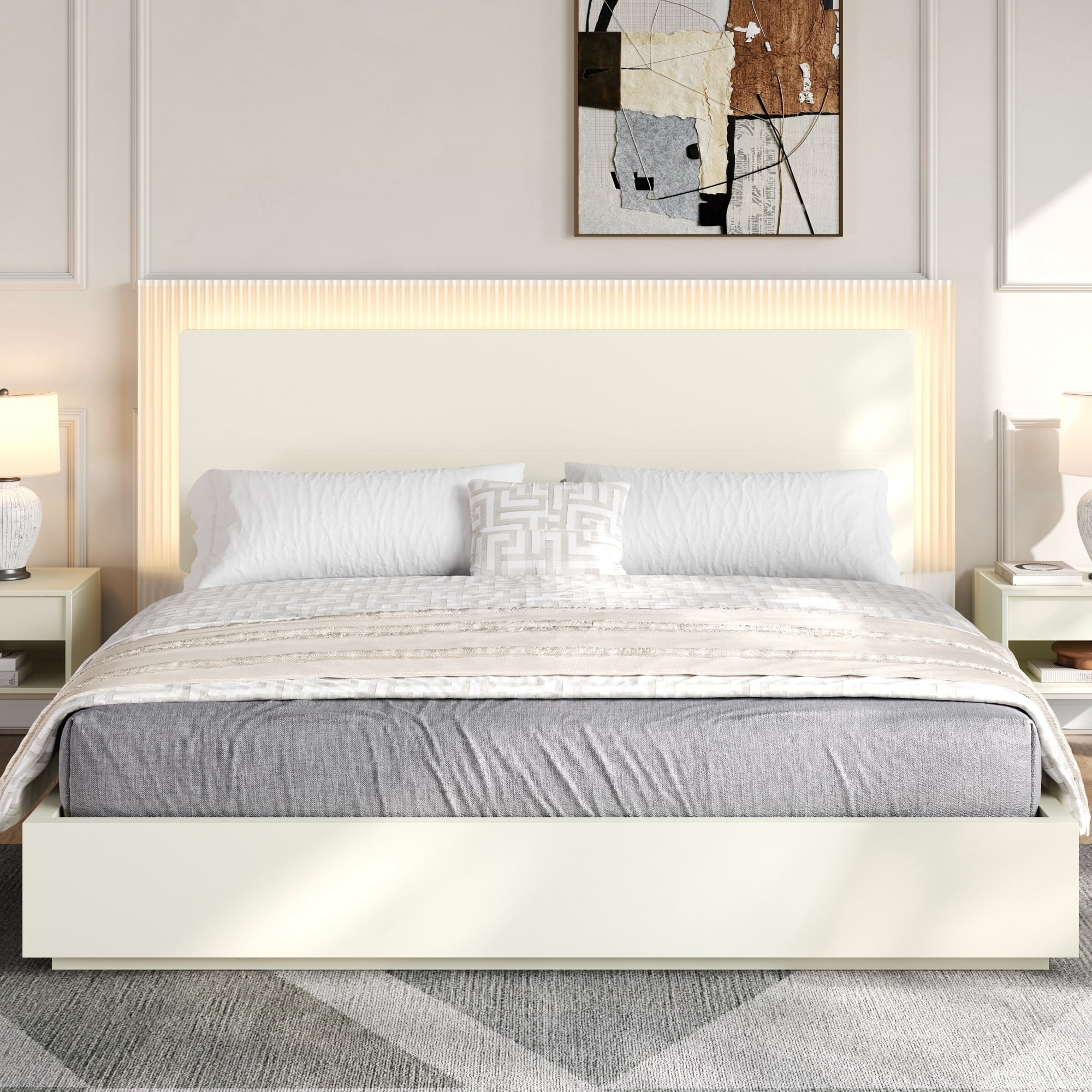 Euroco Wood Queen Size Platform Bed with LED Light Headboard, No Box Spring Needed, White