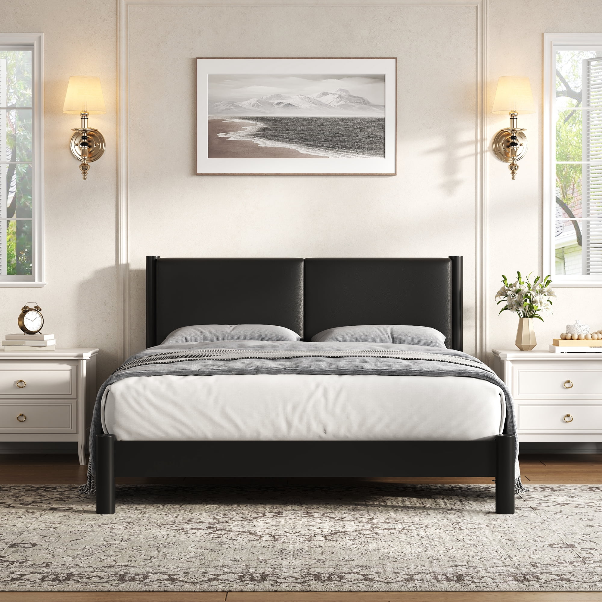 Euroco Wood Queen Size Platform Bed with PU Leather Headboard, No Box Spring Needed, Black