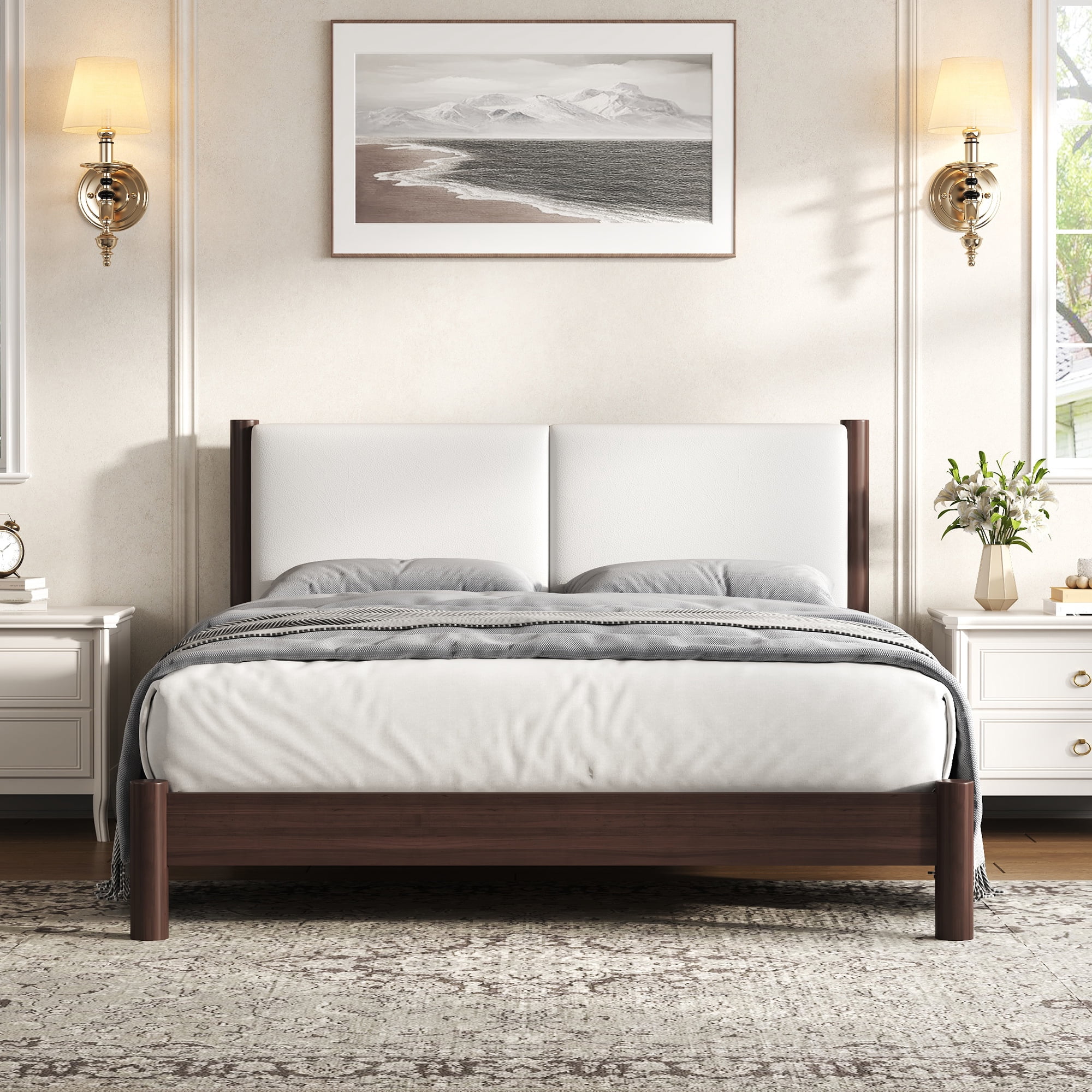 Euroco Wood Queen Size Platform Bed with PU Leather Headboard, No Box Spring Needed, Espresso