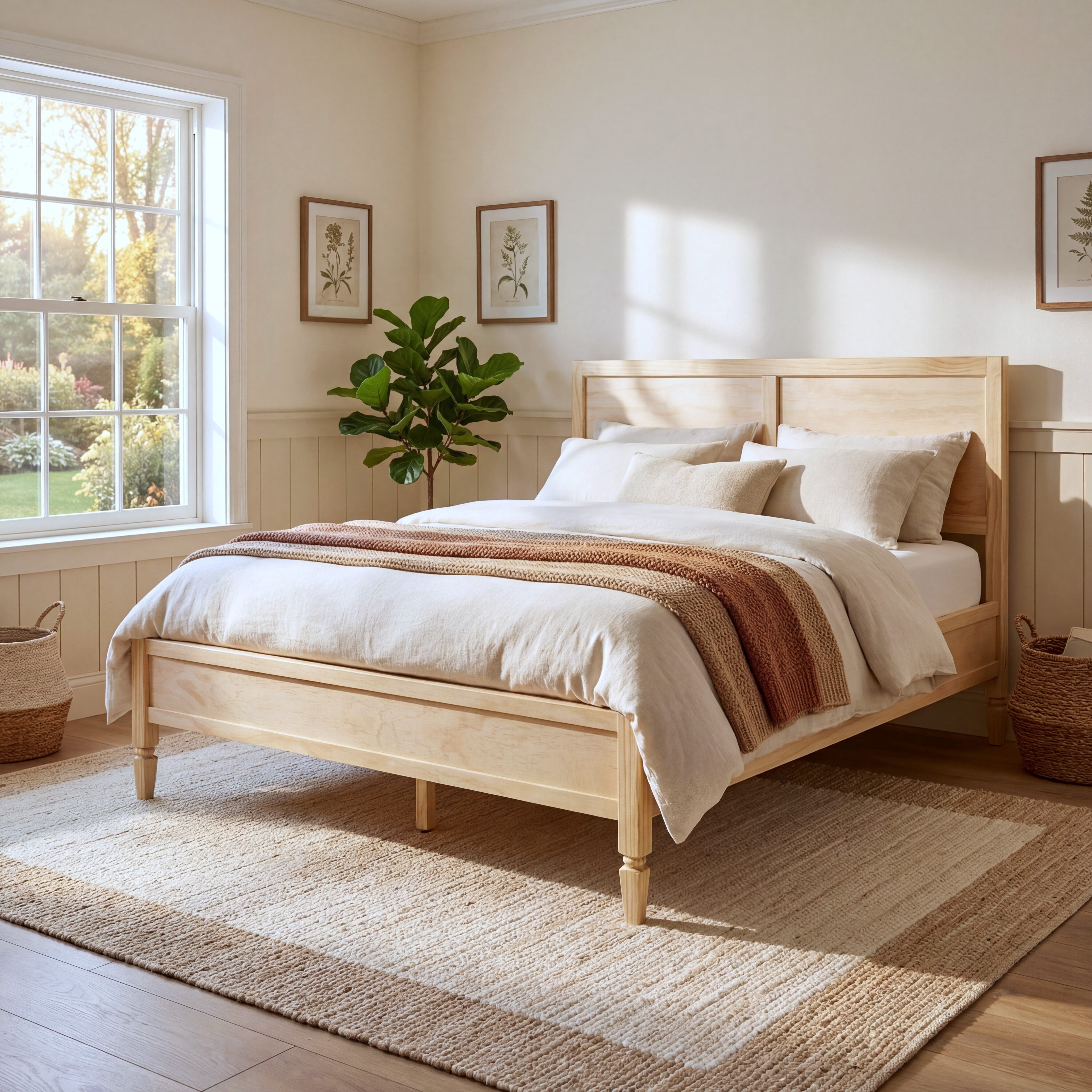 Euroco Wood Queen Size Platform Bed with Panel Headboard, No Box Spring Needed, Natural