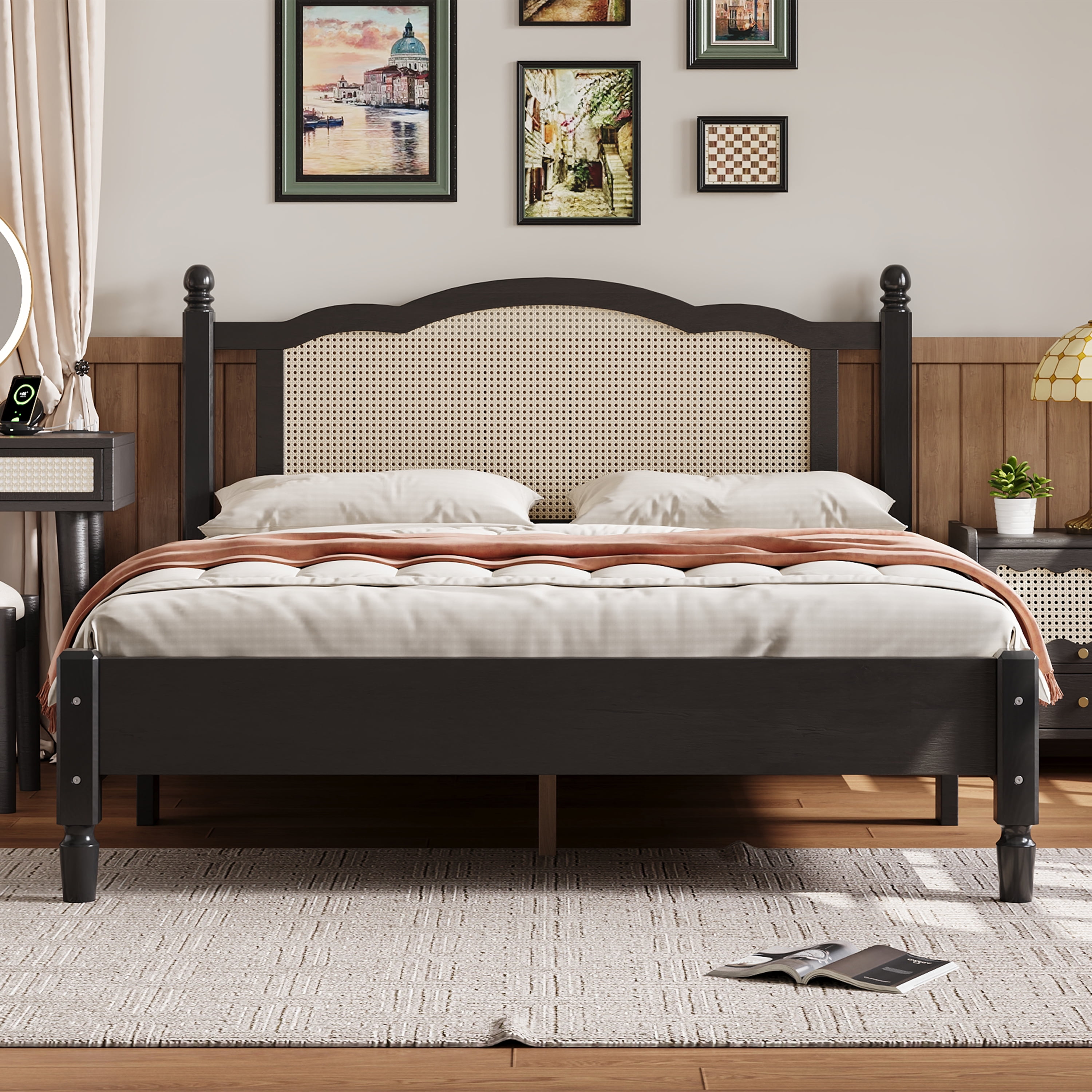 Euroco Wood Queen Size Platform Bed with Rattan Headboard for Living Room, Black