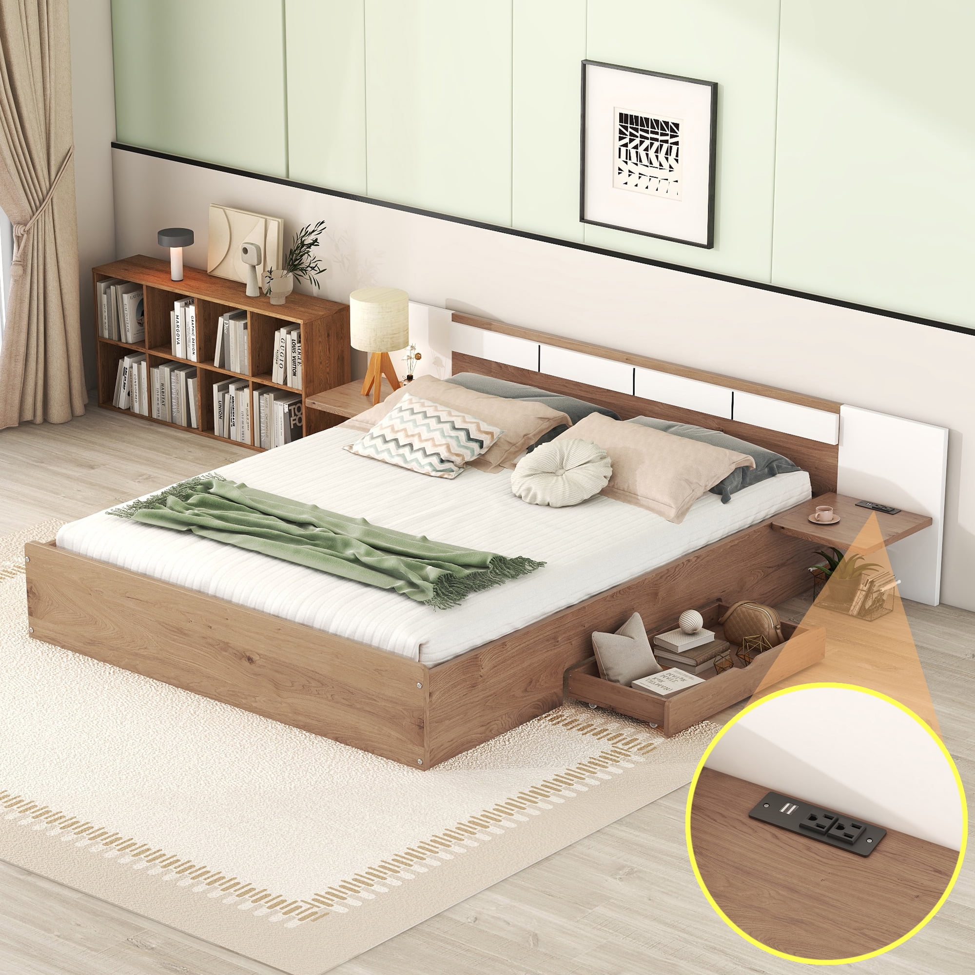 Euroco Wood Queen Size Platform Bed with Shelf and Charging Station for ...