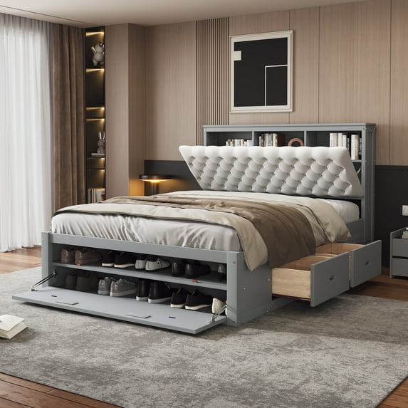 Euroco Wood Queen Platform Bed with Storage Headboard, Drawer and Shoe Cabinet for Living Room, Gray